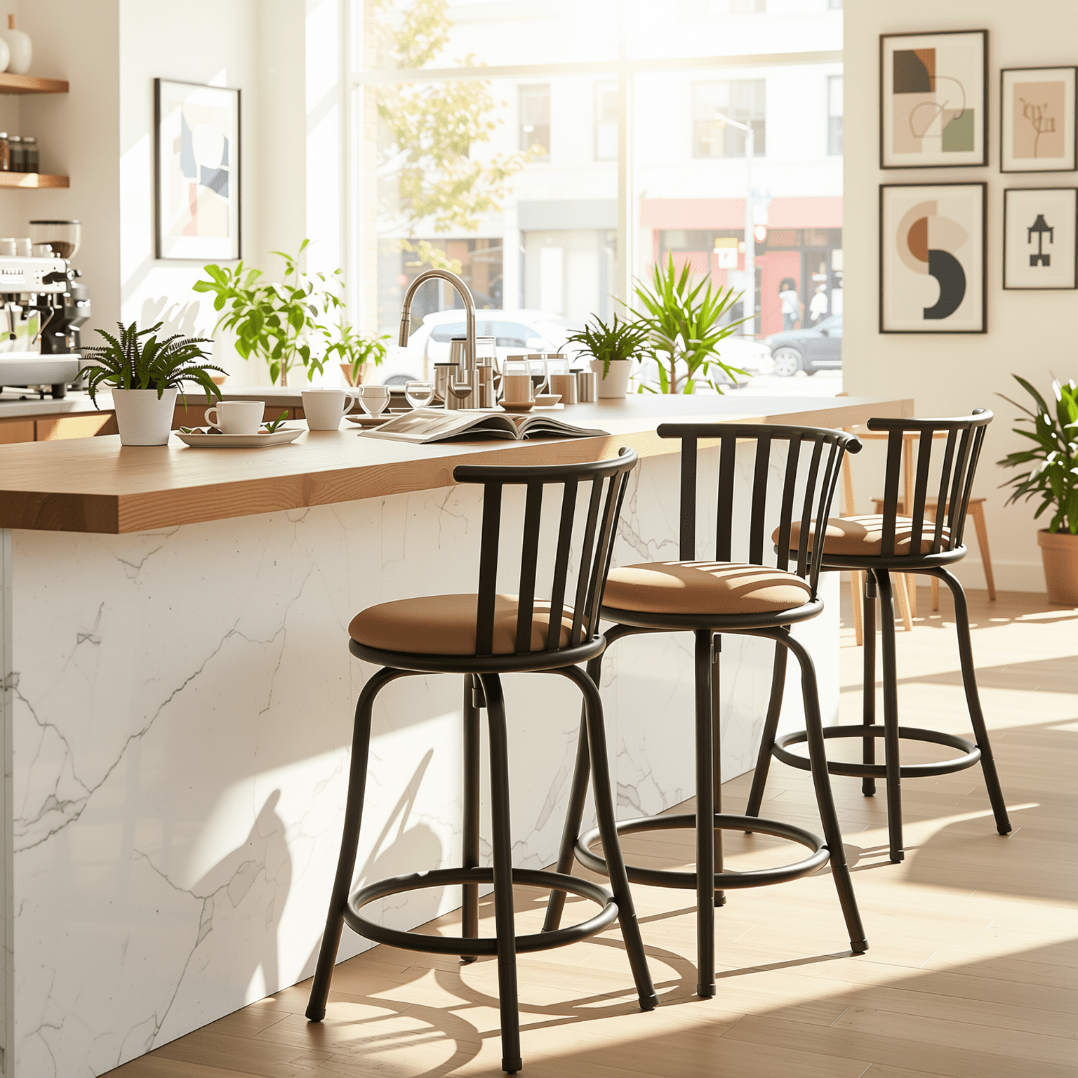 Homy Casa Comfortable Swivel Bar Stools Set of 3, Adjustable 24"-29" Counter Height Chairs with Backrest for Kitchen Island and Home Bar, Brown