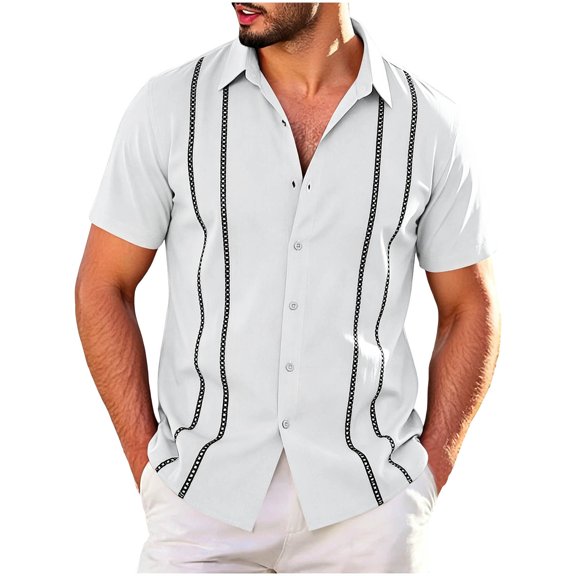 SHTXOZHI Men's Cuban Guayabera Shirt Short Sleeve Button Down Plus Size Shirts Wedding Summer Beach Tops