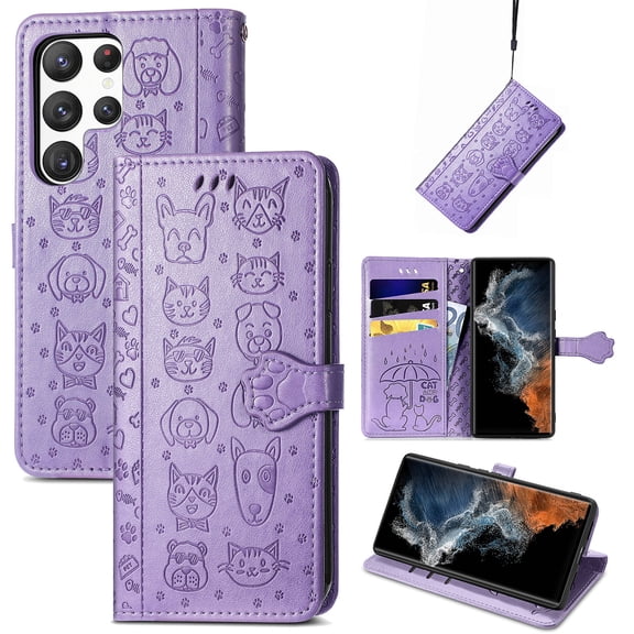 Feishell for Samsung Galaxy S21 Ultra Cartoon Cute Wallet Case, Cat Dog Style Flip with ID Card Holder Premium PU Leather Cases with Wrist Strap, Magnetic Closure Folio Kickstand Phone Cover, Purple