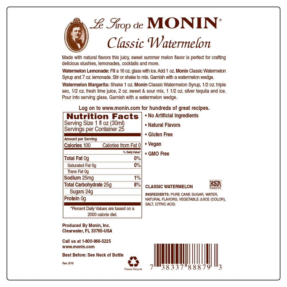 Monin - Classic Watermelon Syrup, Juicy and Sweet, Great for Sodas and Lemonades, Gluten-Free, Non-GMO (750 ml, 25.4 fl.oz)