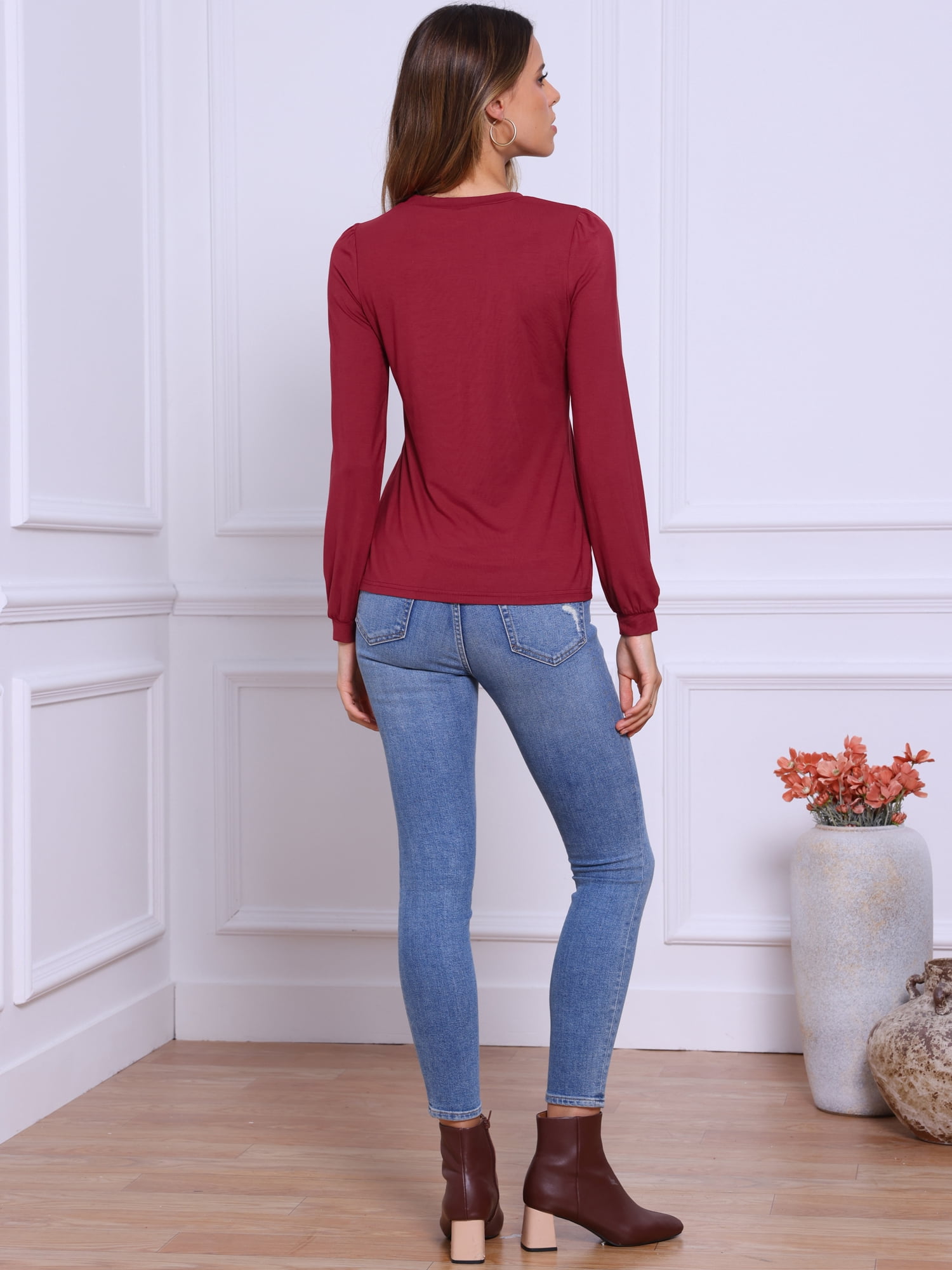 DARING DIVA Women's Pleated Trim Casual Long Sleeve Top XS Burgundy