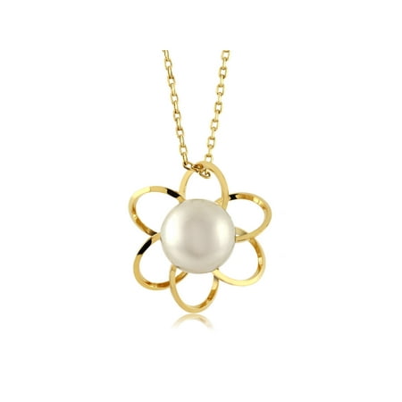 Freshwater Coin Pearl Pendant - 8mm Round Cultured Freshwater Pearl Yellow Gold Plated Flower Pendant 18