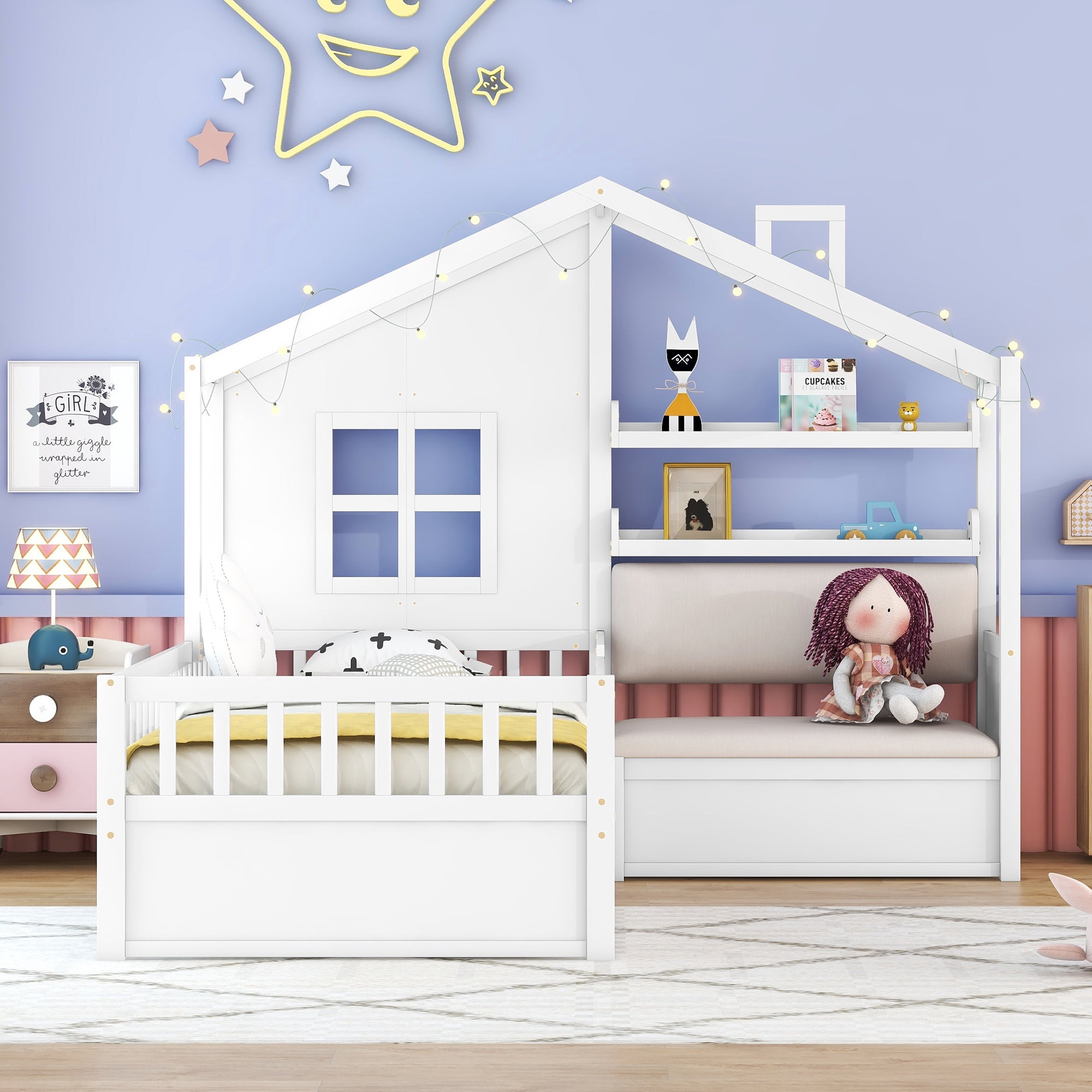 Harper & Bright Designs Twin Size House Bed with Sofa, Platform Bed with Two Drawers and Storage Shelf, White