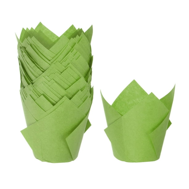 50Pcs Forros para Cupcakes de Tulipán, Papel Estándar para Hornear, Envoltorios Impermeables Desechables para Cumpleaños, Banquetes y Fiestas, Verde