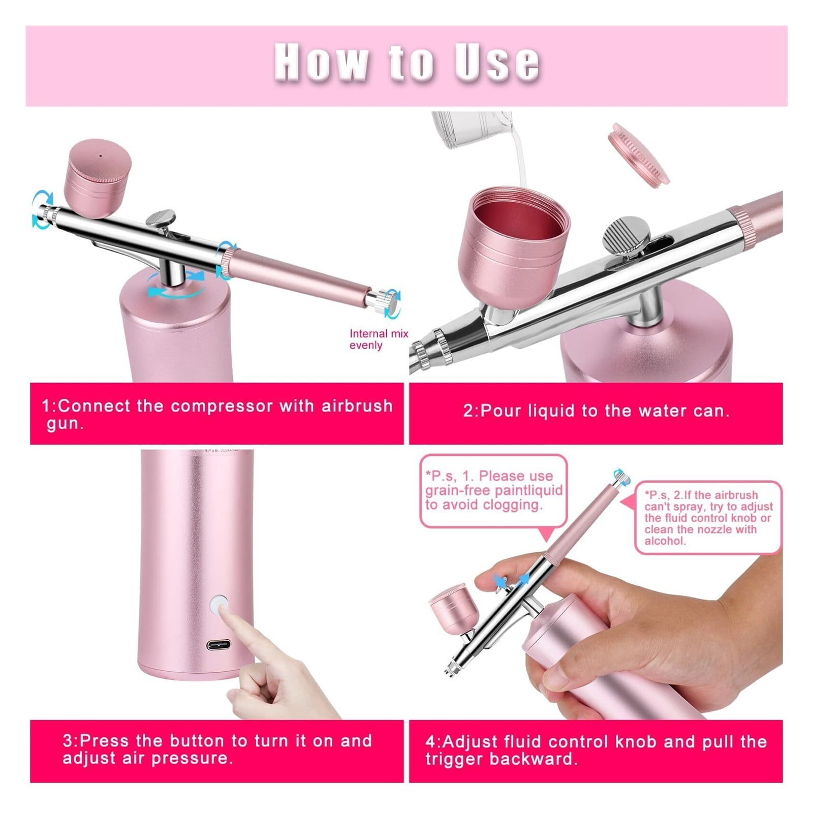 Airbrush Kit with Compressor, Air Brush Machine for Nails, 0.3Mm Nozzle Oxygen Injector, Cordless Airbrush Gun, for Skin Hydration, Nail Art, Tattoo, Painting, Makeup, Cake, Barber