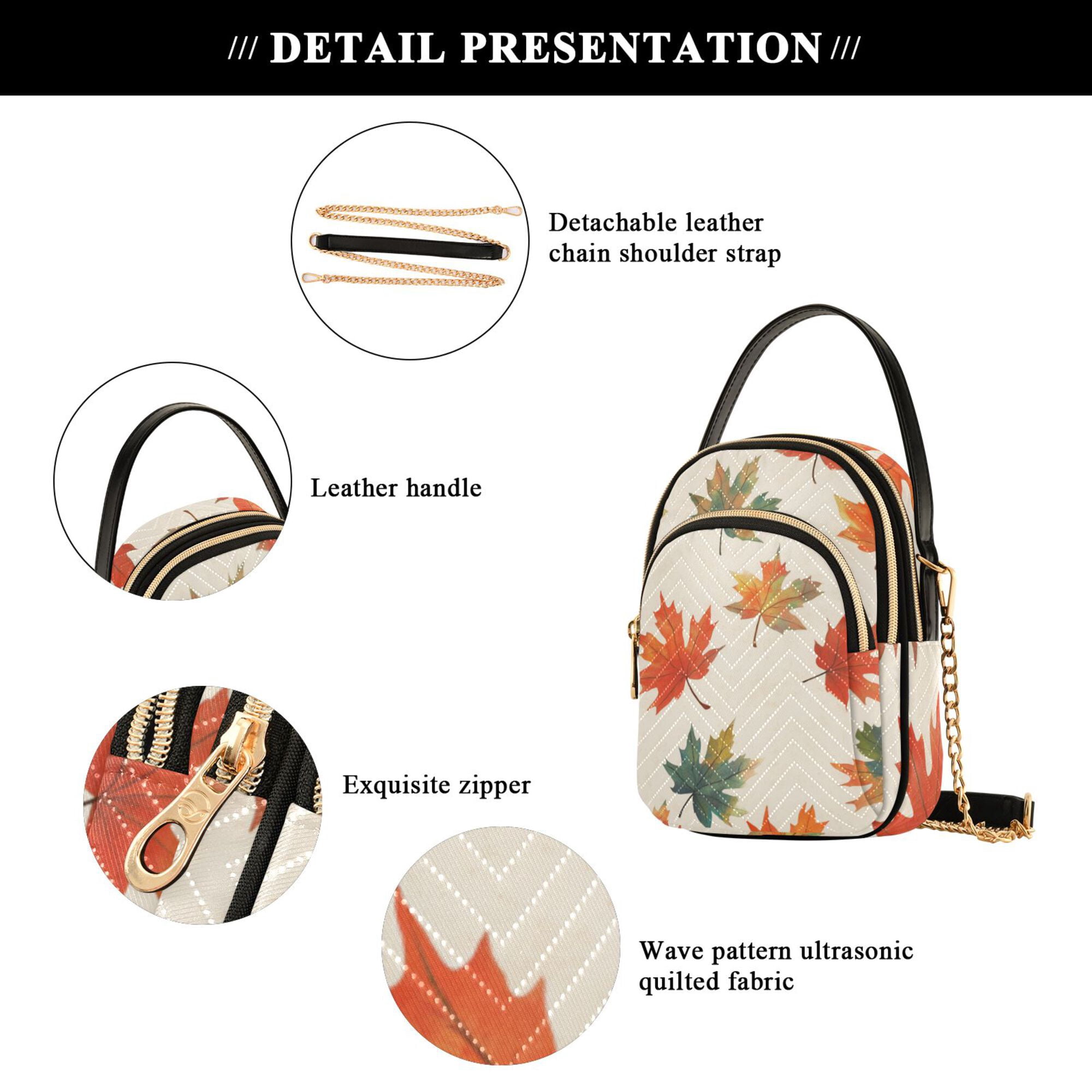 FORMRS Crossbody Bag for Women Quilted Travel Shoulder Cell Phone Purse with Chain Strap Handbag, Orange Autumn Leaves