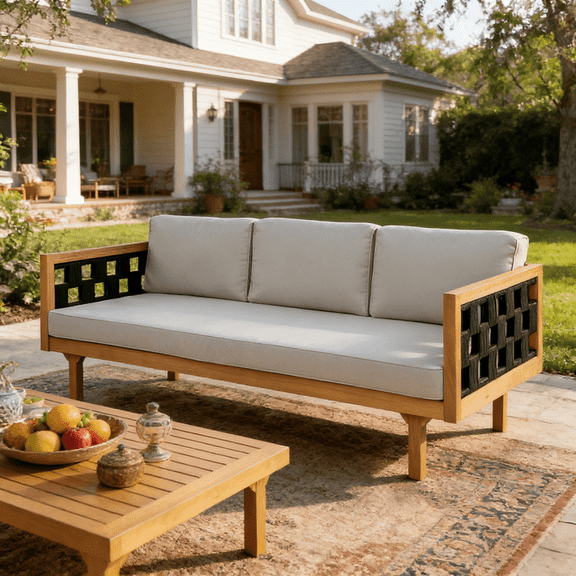 FFZ Three-Seater Outdoor Daybed with Acacia Wood Frame, Black Rope and Light Grey Cushions, 67.5 x 32, Black