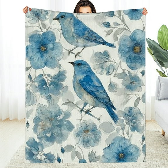 Creowell Wicked Bluebird and Floral Blanket ,Cozy   Throw with Watercolor Bird Flower Design,Soft Lightweight Gifts Blankets for Women,Sofa Bed Travel Living Room Nature Decor 30*40in