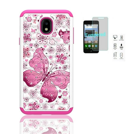 Rhinestone Case Cover Protector (For Samsung Galaxy J7 Crown/ Galaxy J7 (2018)/ J7 Refine/ J7 V 2nd Gen/ J7 Top/ J7 Star/ J7 Aero, Studded Rhinestone Diamond Bling Cover Case + Tempered Glass Screen)