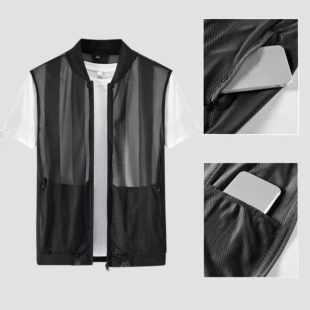 pstuiky Camiseta sin mangas para hombre, Chaleco de verano transpirable con malla y protección solar para hombre, con bolsillo interior para pesca al aire libre Tops elegantes para mujer l
