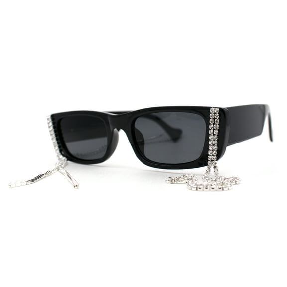 Rhinestone Tassel Jewel Chain Mod Rectangle Sunglasses All Black