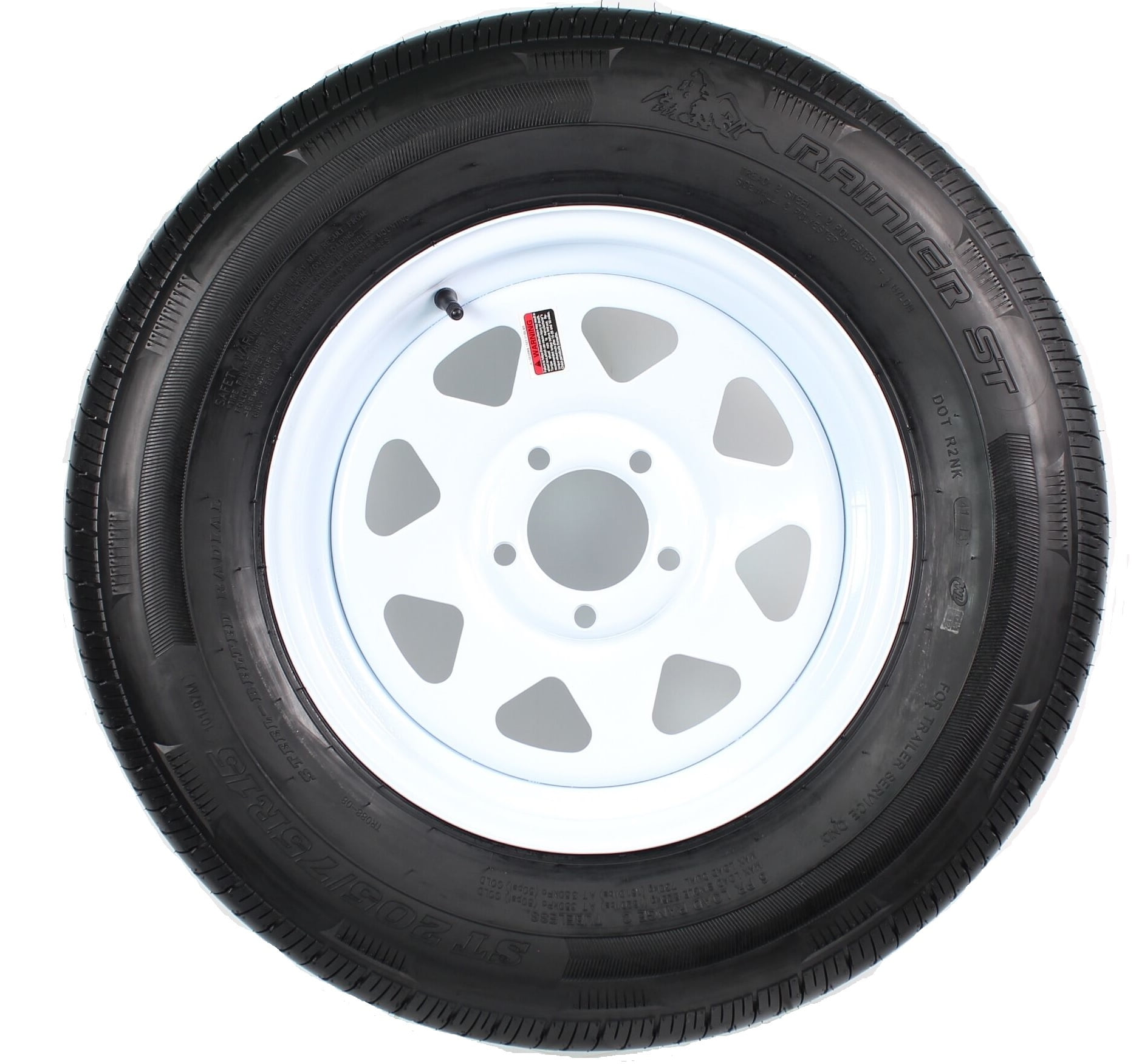 Radial Trailer Tire On White Rim ST205/75R15 Load C 5 Lug On 4.75 Spoke Wheel