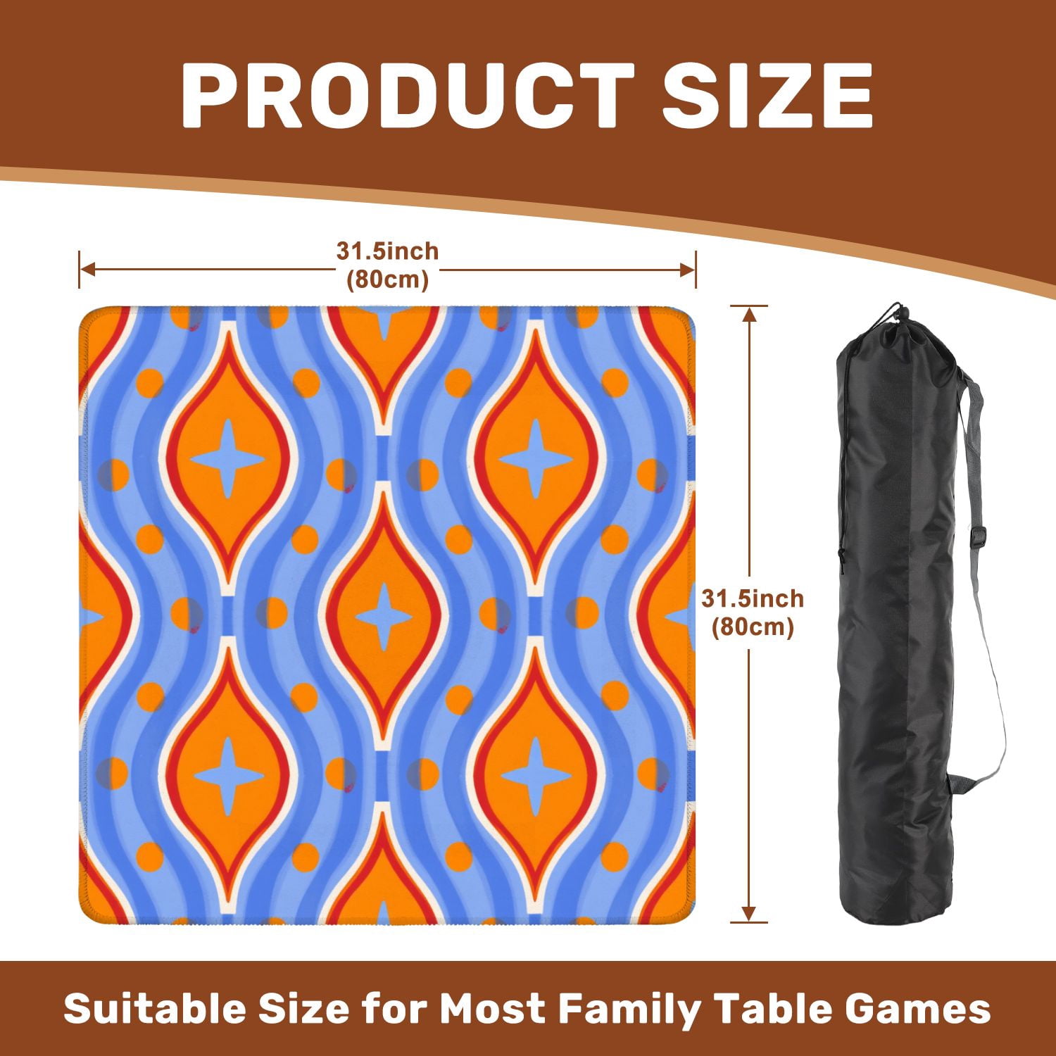 Mahjong Mat 31.5" x 31.5" Retro Geometric Orange Blue Star Motifs Wavy Lines Non-Slip Noise Reduction American Mahjong Tiles Table Cover for Dominoes Poker Card Board Games Gift