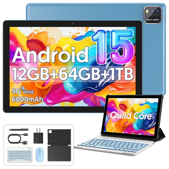10.1 Inch Android 15 Tablet, 12GB 64GB, 1TB TF Expansion, Quad-Core,6000mAh Battery,5G WiFi6, 2MP 8MP Camera,1280x800 IPS, 2 in1 Tablets with Keyboard,Case, Mouse, Stylus