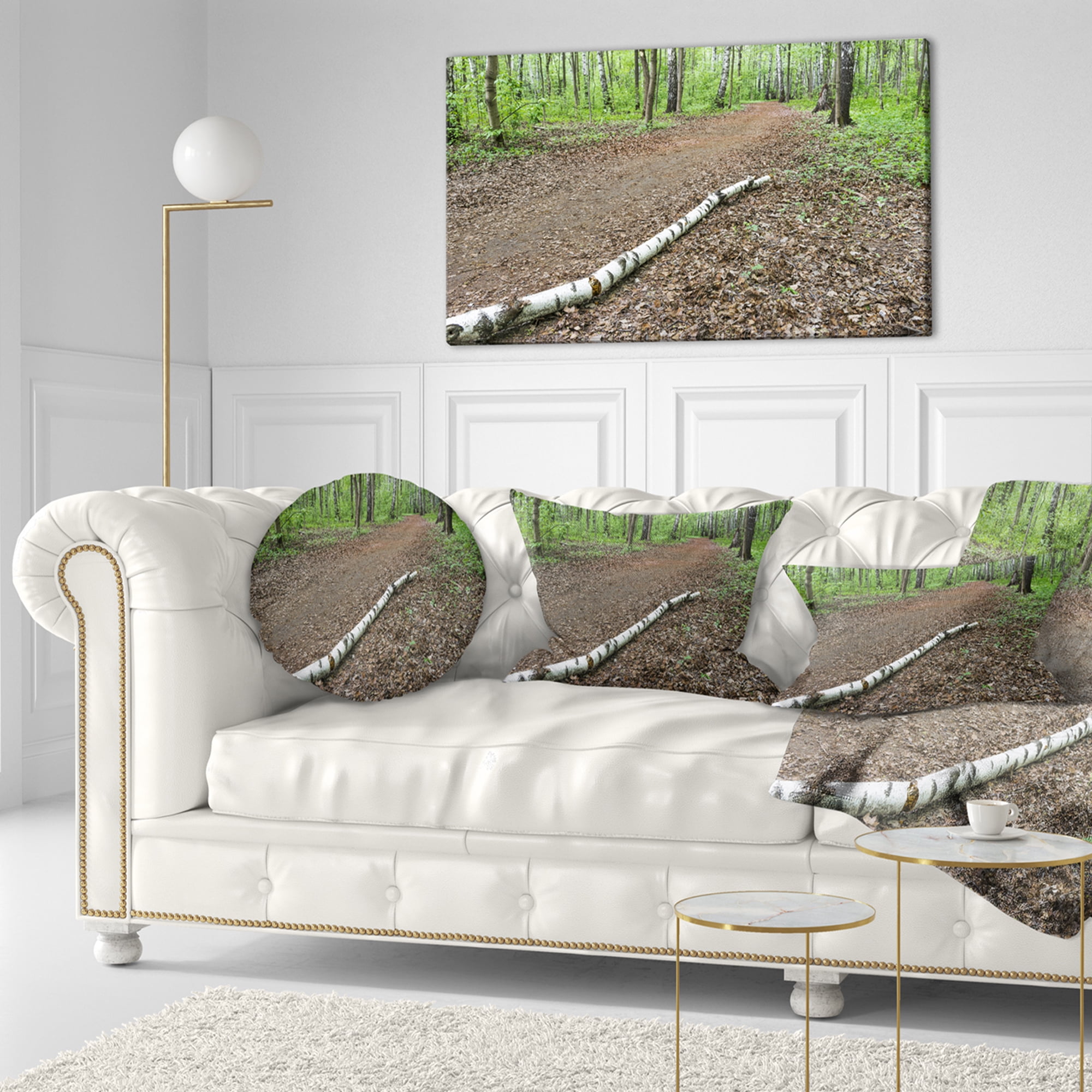 Designart Trunk of Birch on the Track - Contemporary Landscape Printed Throw Pillow - 12x20