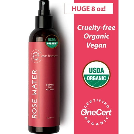 Eve Hansen Organic Rose Water Spray for Face | HUGE 8 oz Moroccan Rosewater Face Toner and Makeup Setting Spray | Soothing Neck and Face Mist to Reduce Eye Puffiness, Dark Circles and Redn