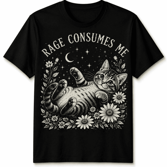 Rage Consumes Me Cat Tabby Animals Mens T-Shirt Womens Graphic Tee Floral Art-100% Cotton