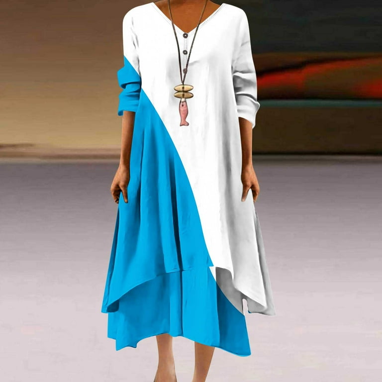 Ygbgbb Womens Plus Size Fall Dresses Color Block Long Sleeve Dresses V Neck Pleated Waist Layered Casual Maxi Dress Blue M, Women's, Size: Medium Ygbgbb Womens Plus Size Fall Dresses Color Block Long Sleeve Dresses V Neck Pleated Waist Layered Casual Maxi Dress Blue M, Women's, Size: Medium