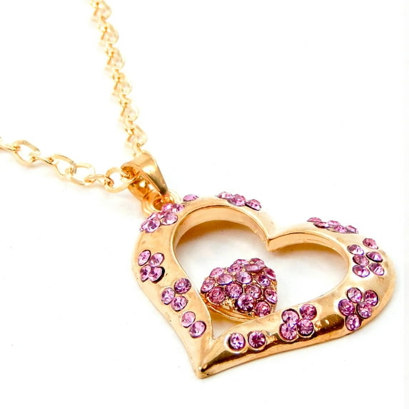 Red Hound Auto Gold Bling Double Heart Mirror Car Charm Hanger Ornament Pink Rhinestones with Chain