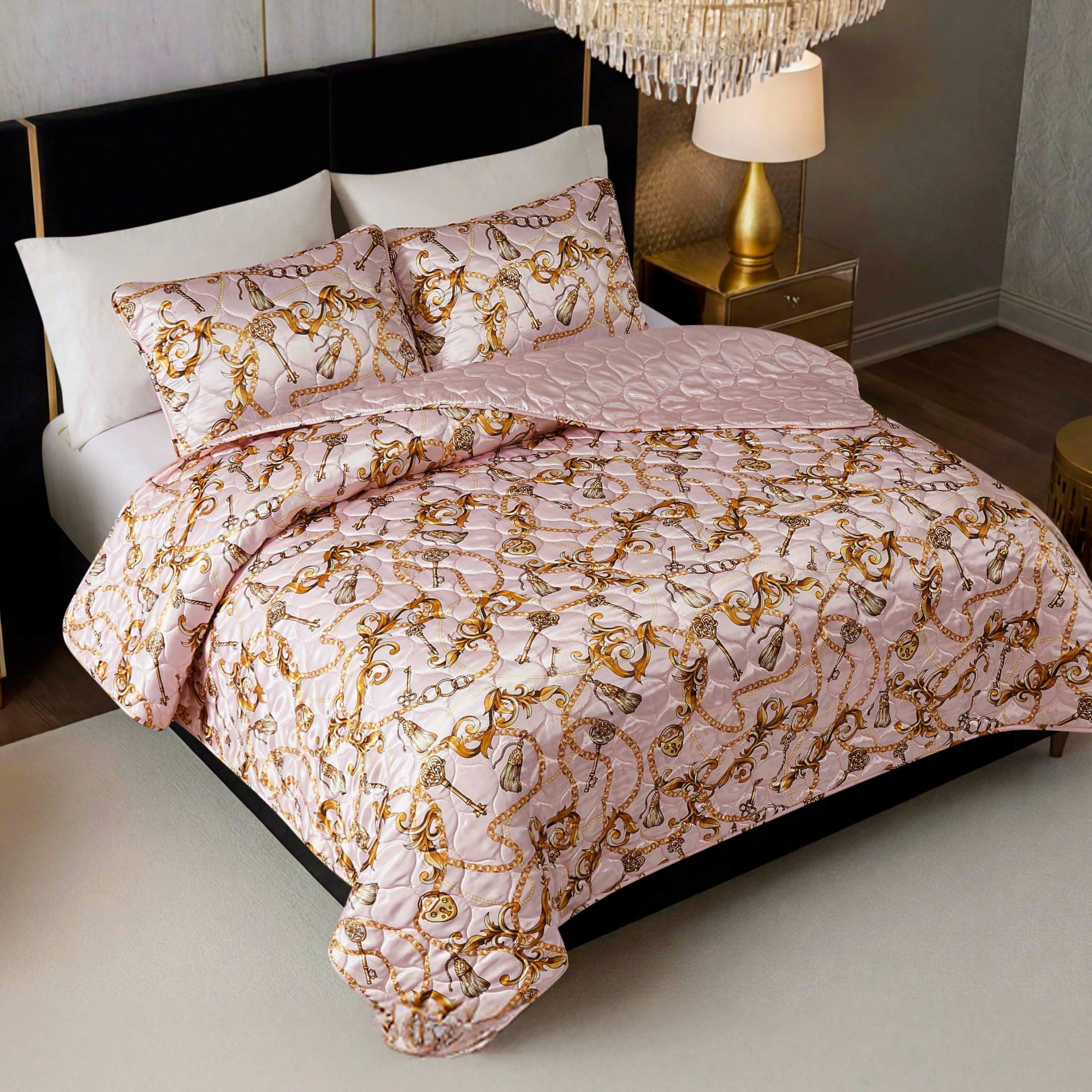 Baby Phat Printed Satin Chain Light Pink 3-Piece Quilt Set, Full/Queen