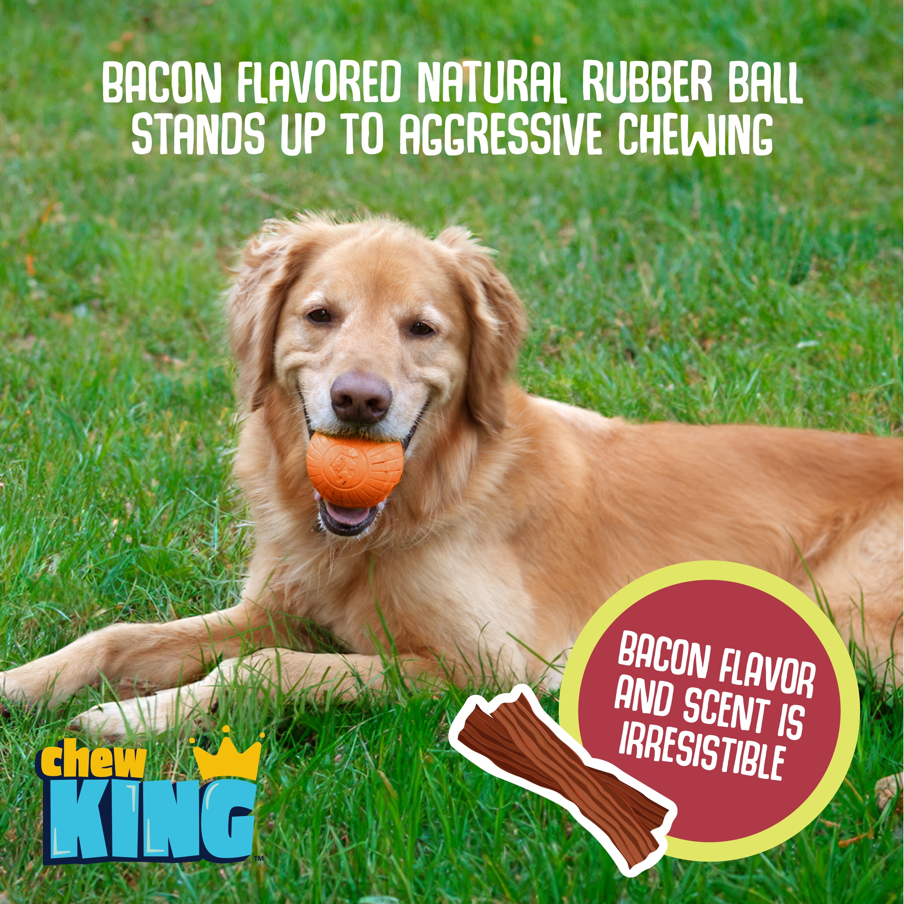 Chew King By Mammoth Bacon Flavored All-Natural Rubber Dog Balls, Supreme 3" Medium, 2 Pack Set
