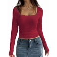 thumbnail image 4 of Women Y2k Retro Long Sleeve Shirt Top Slim Fit Lace Trim T-Shirt Harajuku Fairy Aesthetic Tee Tops Streetwear Wine Red S, 4 of 9