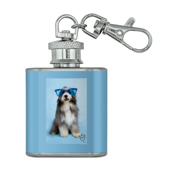 Sheepdog Bearded Collie Dog Giant Blue Sunglasses Stainless Steel 1oz Mini Flask Key Chain