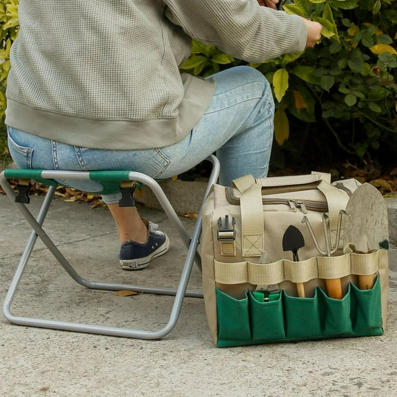 Folding Gardening Stool with Detachable Storage Tote Bag, Portable Garden Chair for Adults (Green Khaki)
