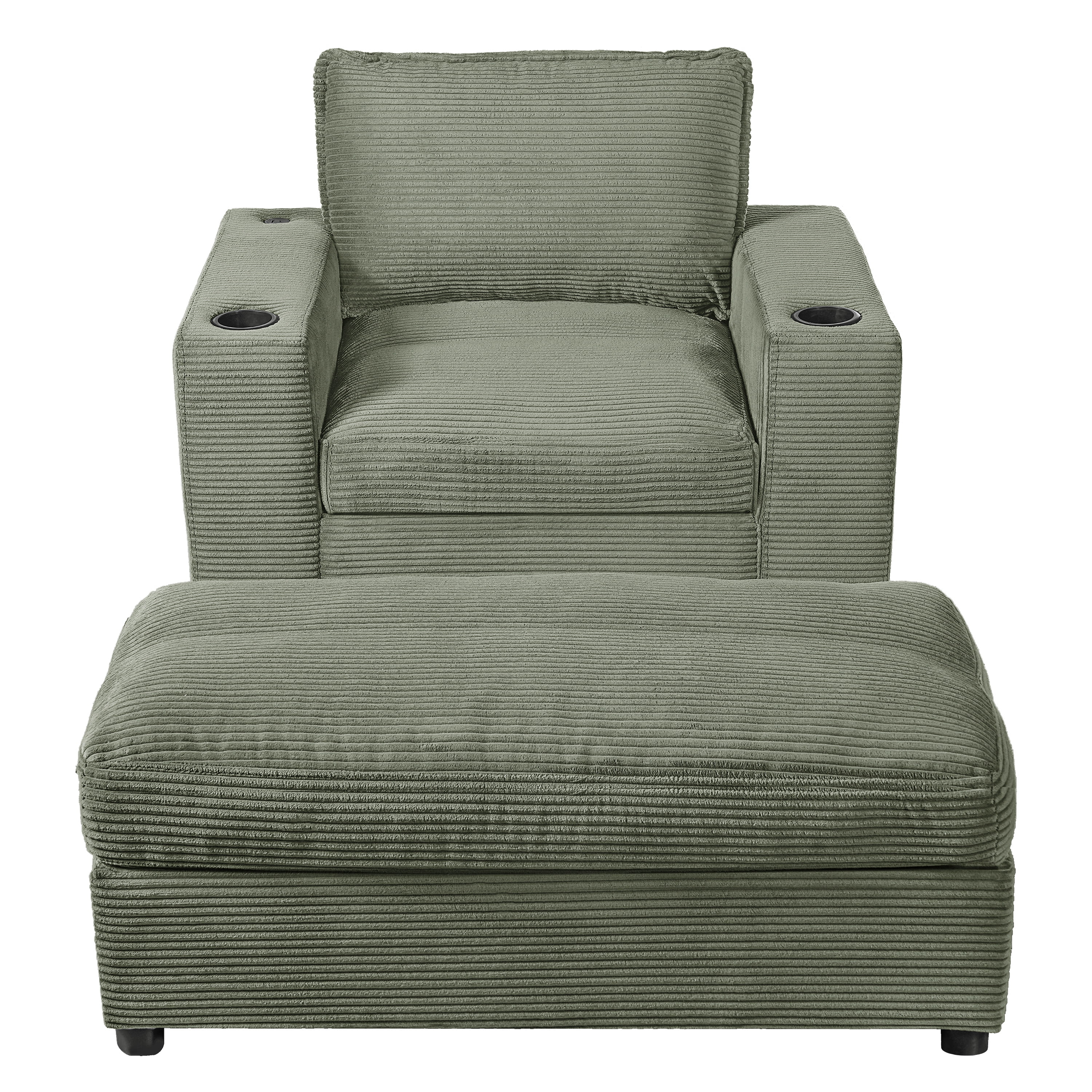 Chaise Lounge Chair, Oversized Sofa Bed with Storage Ottoman and Built-in USB Charging Port, Corduroy Upholstered Sleeper with Dual Cup Holders and Deep Seat, Reading Couch, Green