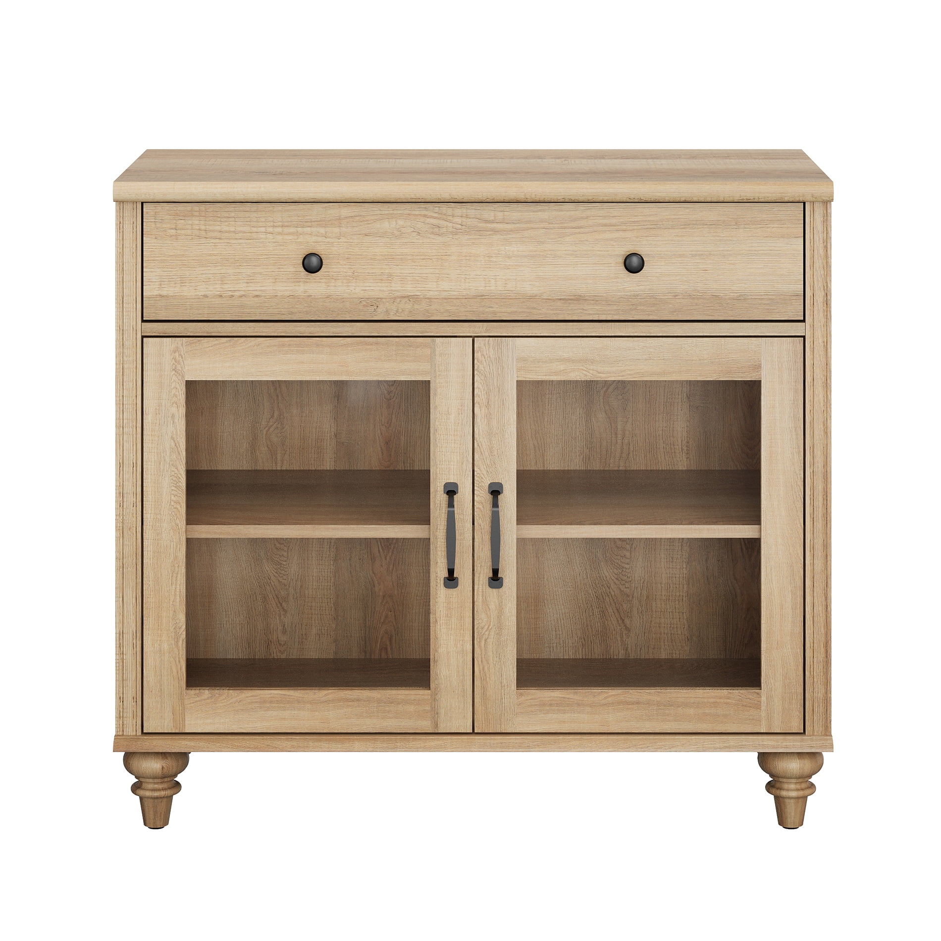 34" Oak Glass Door Buffet Cabinet with Drawer, Farmhouse Sideboard with Storage
