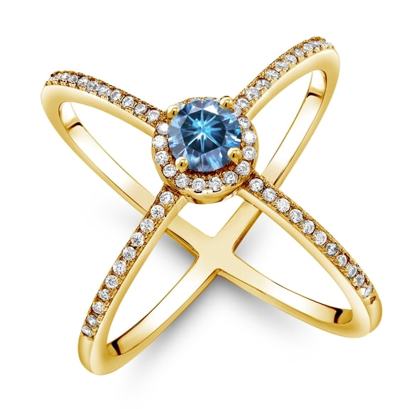 Gem Stone King 18K Yellow Gold Plated Silver Ring Round Persian Blue Moissanite and (1.32 Cttw, Size 7)