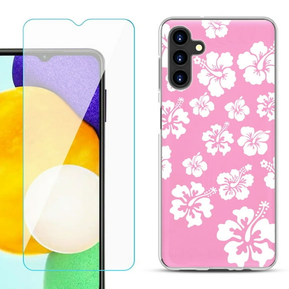 Slim-Fit TPU Fashion Phone Case for Samsung Galaxy A13 5G, with Tempered Glass Screen Protector, by OneToughShield ® - Hibiscus Pink