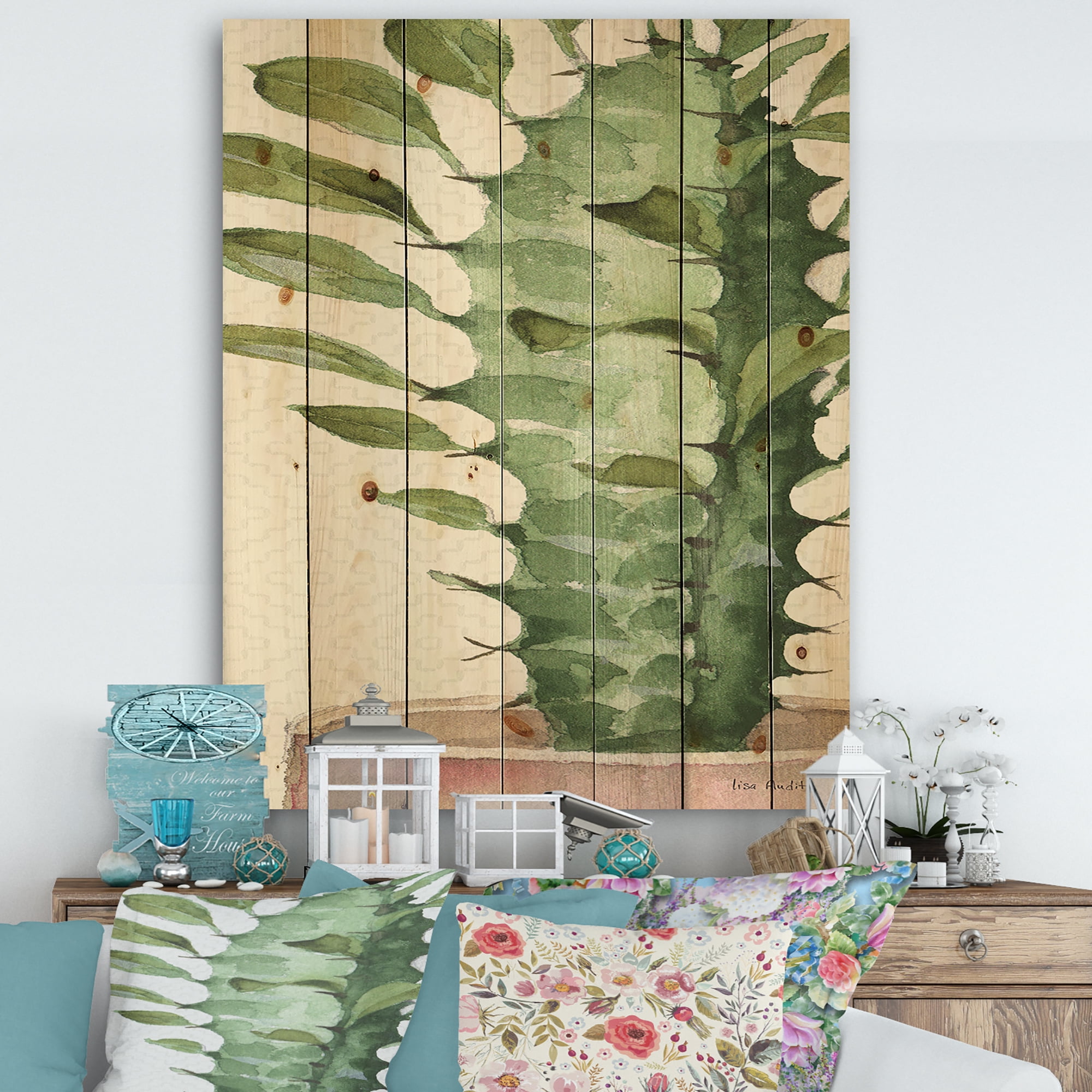 Designart 'Mixed Green Element II' Cottage Print on Natural Pine Wood