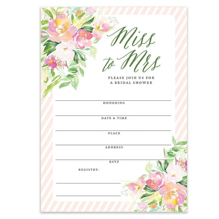 Bridal Shower Miss to Mrs Pretty Floral Fill In Blank Invitations with Envelopes ( Pack of 25 ) Large 5x7