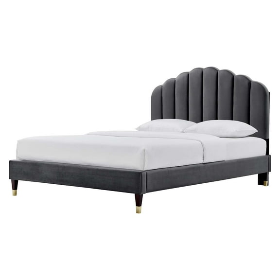 Platform Bed Frame, Queen Size, Charcoal Grey Gray, Velvet, Modern Contemporary, Bedroom Master Guest Suite Room