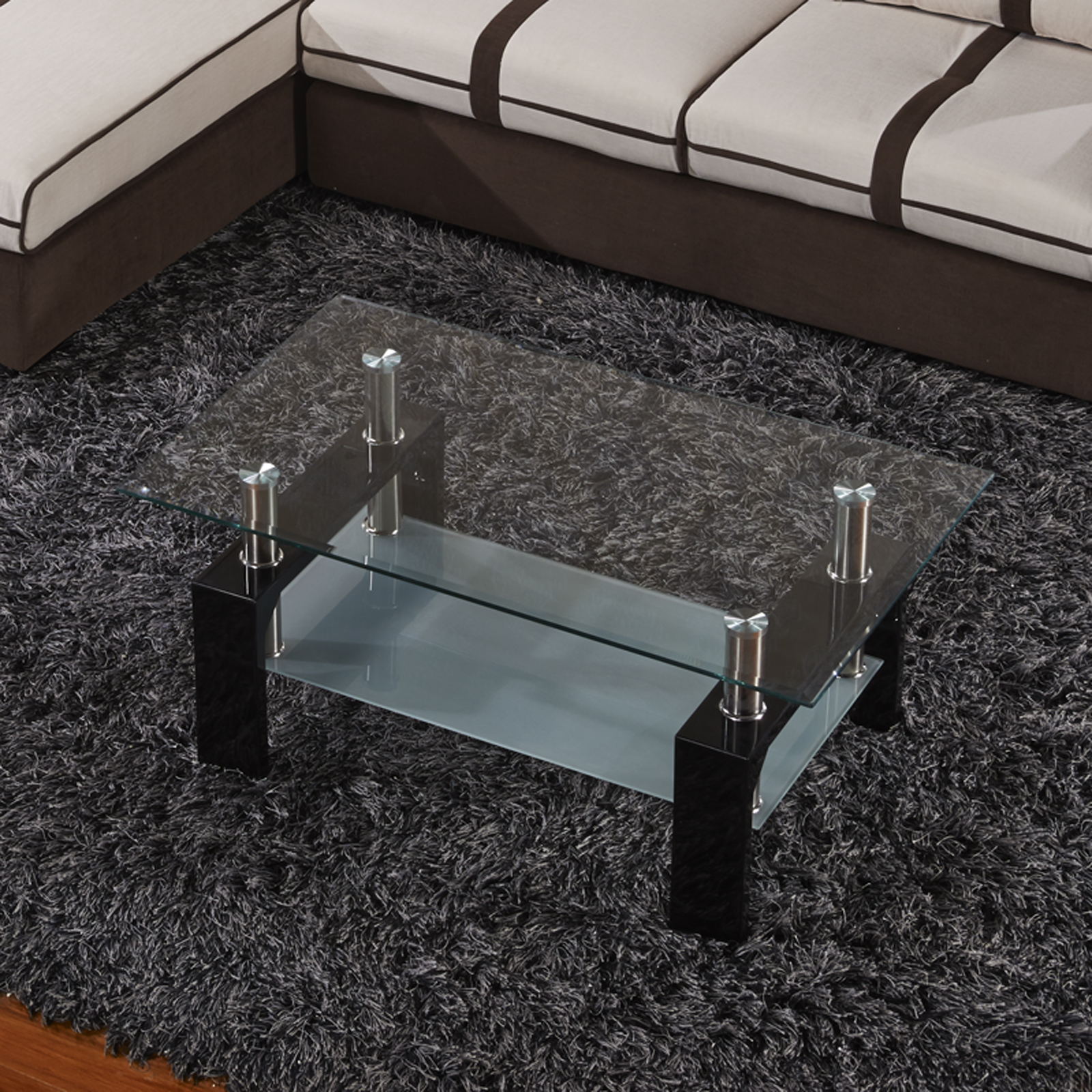 Uenjoy Rectangular Glass Coffee Table Shelf Chrome Black Wood Living Room Furniture, Black - image 4 of 8