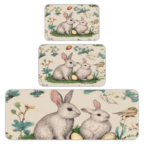 RKSupls Kitchen Rug Set 3 Piece Anti-Slip Flannel Floor Mats, Easter Bunny Egg Washable Absorbent Runner Mats for Kitchen Bathroom Home Decor