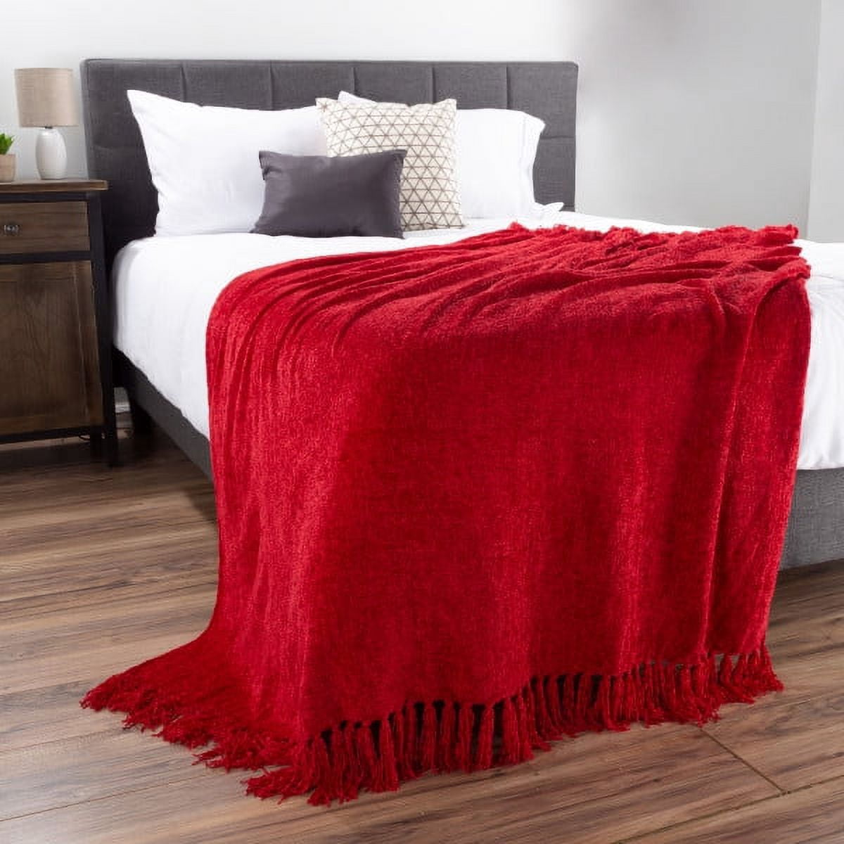 Chenille Throw Blanket- For Couch, Home Décor,Sofa & Chair-Oversized 60 x 70- Lightweight, 5 Fringe, Ultra-Soft & Shiny in Vineyard Red by LHC