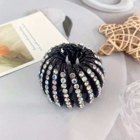 2PCS Stylish Rhinestone Ponytail Holder for Women and Girls - Expandable Bird Nest Shape Hair Clip for Effortless Hair Styling