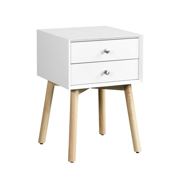 Newboti Furniture Side Table,Bedside Table with 2 Drawers and Rubber Wood Legs, Mid-Century Modern Storage Cabinet for Bedroom Living Room, White 07372