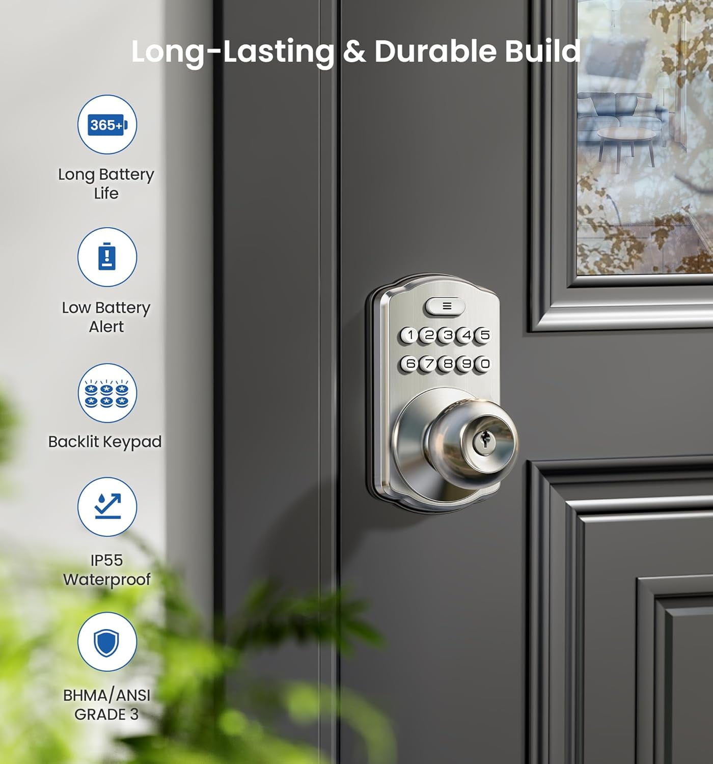 Veise Keypad Door Knob Lock, Keyless Entry Digital Lock for Front Door & Bedroom, Aluminum Metal Satin Nickel