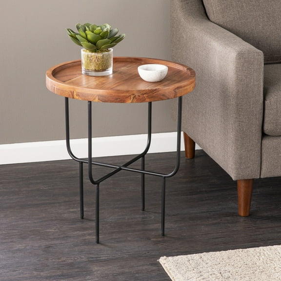 Marisdale Round End Table Natural Wood & Iron Base, Farmhouse Style Side Table