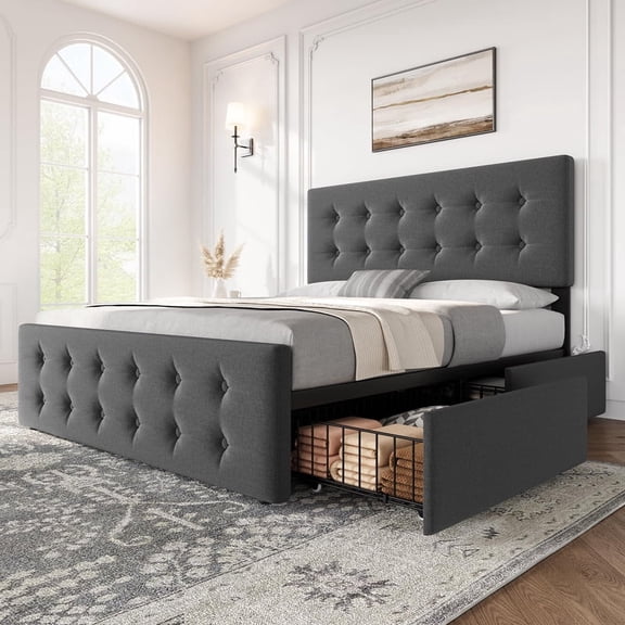 Bed Frame with 4 Storage Drawers and Adjustable Linen Headboard, Button Tufted Upholstered Platform Bed Frame with Wooden Slats Support, No Box Spring Needed, Queen, Dark Gray