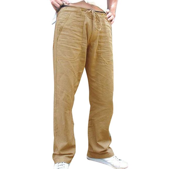 AWZXDE Men's Solid Color Low Rise Casual Pants with Drawstring, Straight Leg Trousers with Pockets Versatile Minimalist Style Khaki,L