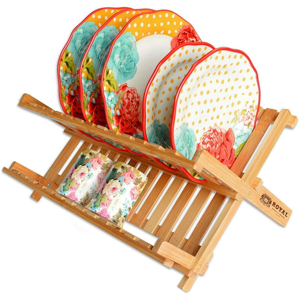 Royal Craft Wood 2 Tier Collapsible Dish Drying Rack for Kitchen
