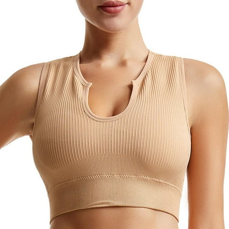ATOYSOY Ribbed Crop Tank Tops Sports Bra Everyday Bra Slim Basic Yoga Activewear Clearance Bralette Underwear Teens Workout Breathable Push Up Comfort Bra Wireless Beige S