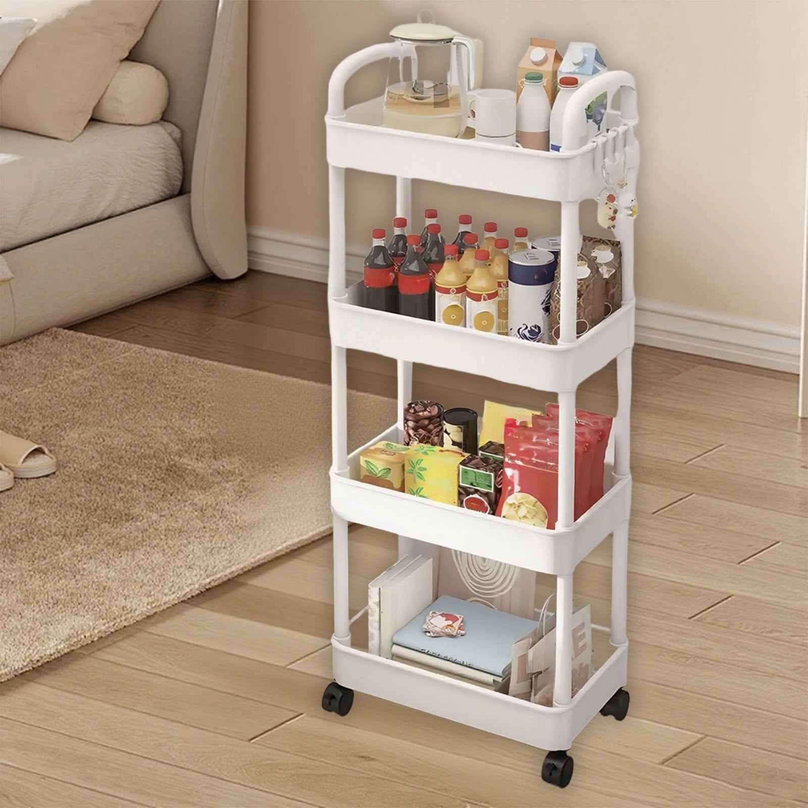 SIYTUAU White 4-Tier Kitchen Storage Cart With Armrests And Wheels For Bathroom Toiletries Organizer 13.8 X 8.7 X 38.2 Inch White Color Plastic Material For Home Use White