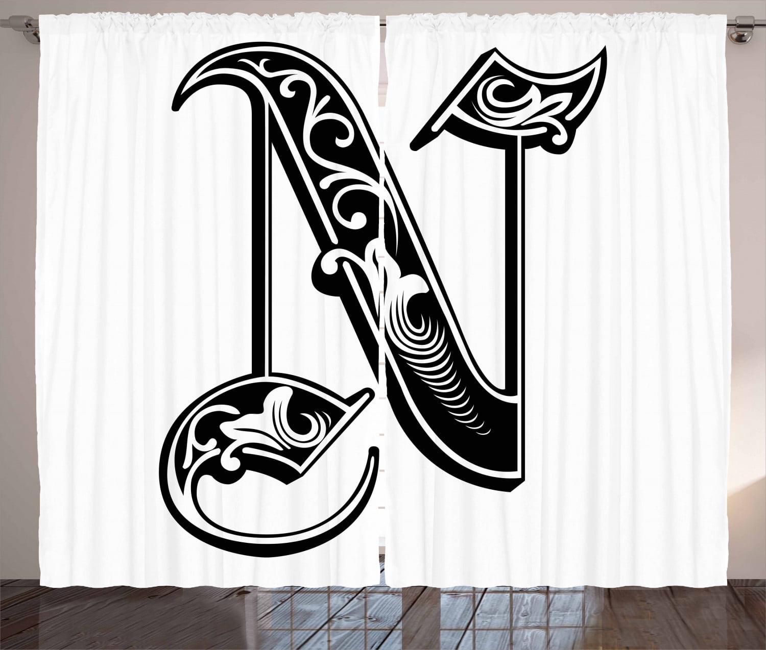 Letter N Curtains 2 Panels Set Gothic Victorian Style Typography Classic Capital Character N With Floral Swirls Window Drapes For Living Room