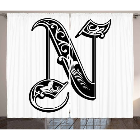 Letter N Curtains 2 Panels Set Gothic Victorian Style Typography Classic Capital Character N With Floral Swirls Window Drapes For Living Room