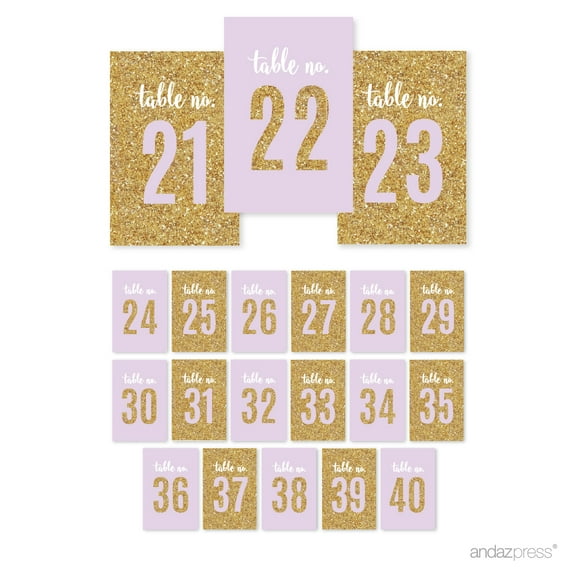 Signature Lavender, White, Gold Glittering Party, Table Numbers 21-40, 4x6-inch